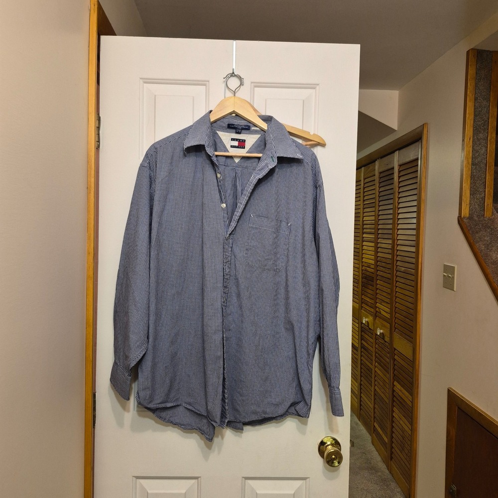 Tommy Hilfiger Mens Blue White Gingham Button Down Shirt 17.5 34-35 Cotton